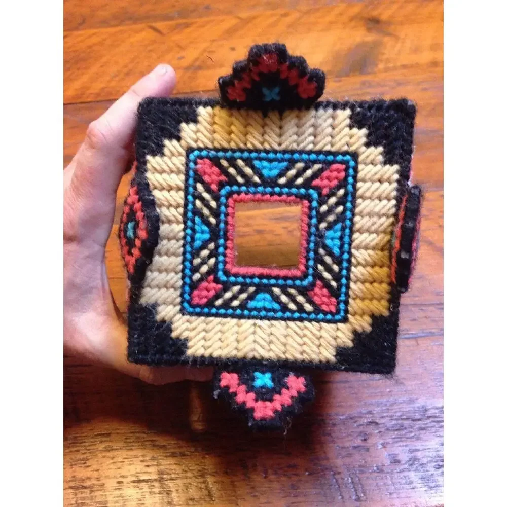Vintage 70s Southwestern Colorful Yarn Jukebox Tissue Kleenex Box Cover Holder
